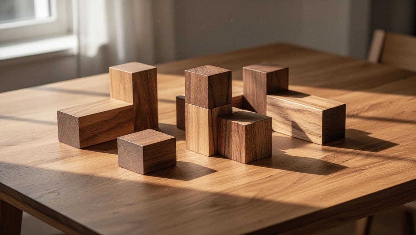 Carved wooden letter blocks forming the names Leo and Kai sit on a smooth light-toned table. Soft afternoon sunbeams cast gentle shadows, highlighting the natural wood grain and minimalist aesthetic.