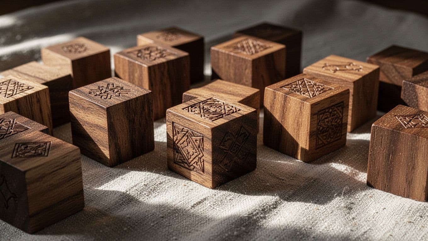 Small carved wooden blocks rest upon a textured off-white linen cloth. Warm, dramatic side lighting casts long shadows across the grain, highlighting the craftsmanship and organic aesthetic of the nursery decor items.