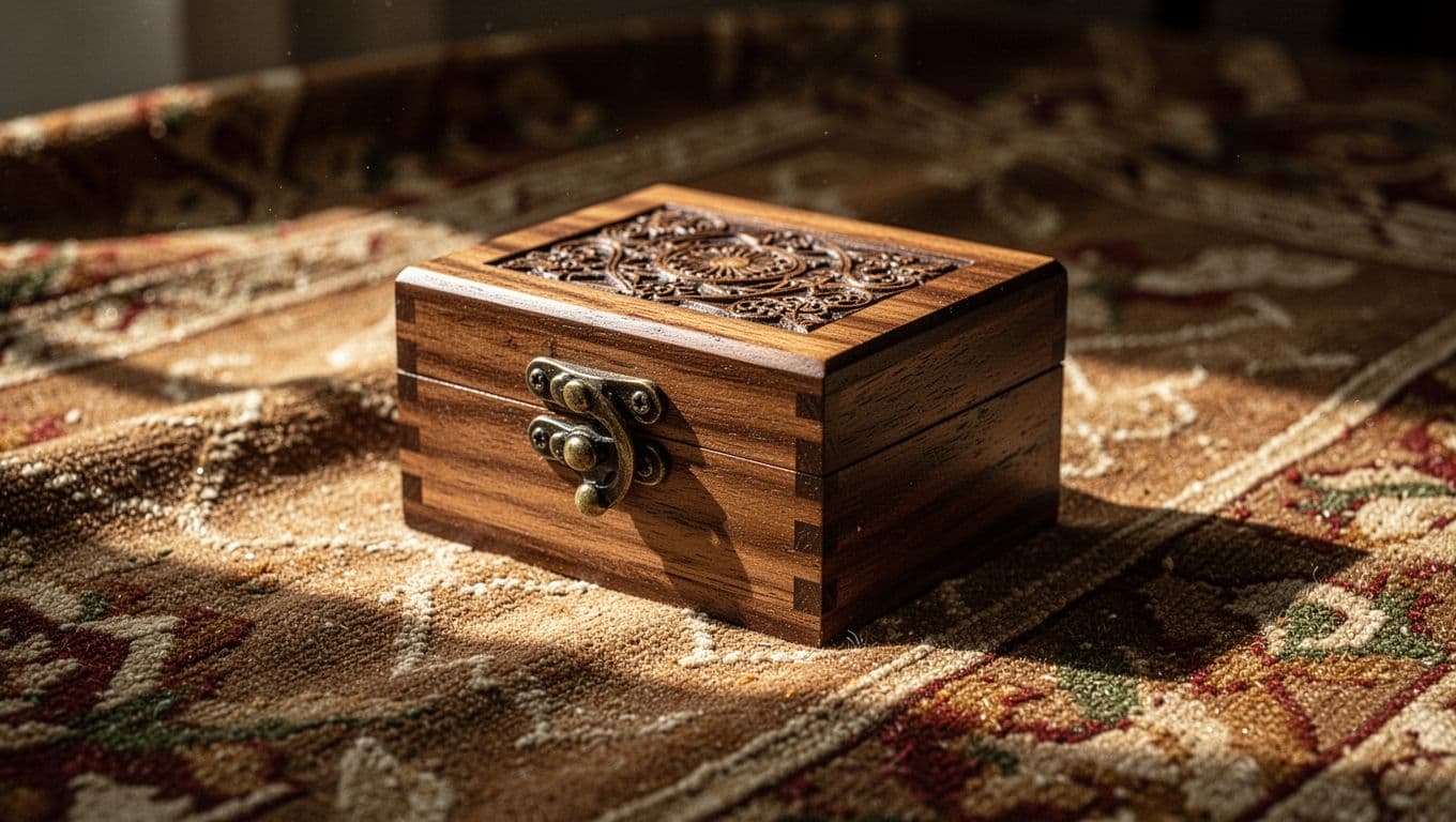 A small, polished wooden box with visible grain rests on a rough, textured fabric surface. Warm light creates deep shadows and highlights, emphasizing the tactile quality and organic material of the object.