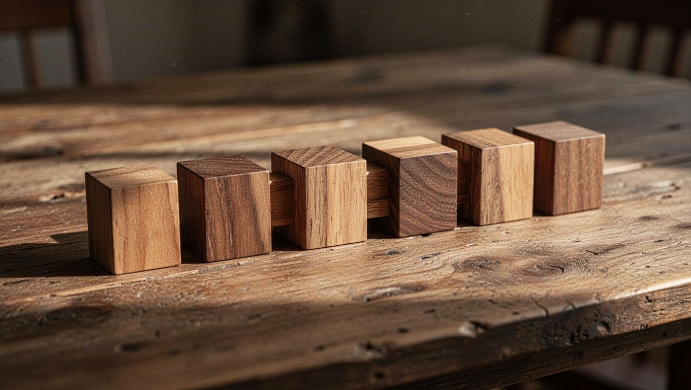 Individual wooden letter blocks are arranged in segments on a textured rustic surface. Soft, warm sunlight highlights the natural wood grain and crisp edges of the square alphabet tiles.