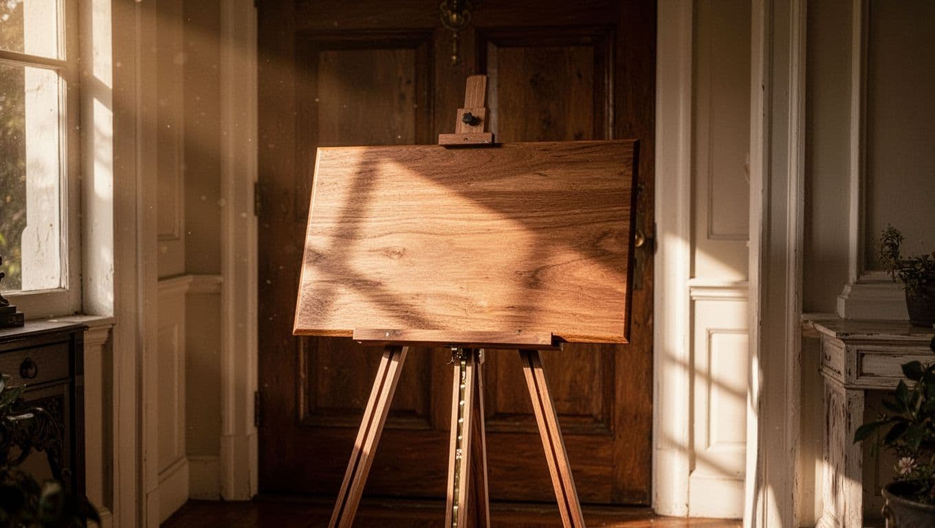 A smooth wooden board rests on a dark metal tripod at a home entryway. Warm sunlight hits the sign from the side, casting soft shadows across the welcoming front porch area.