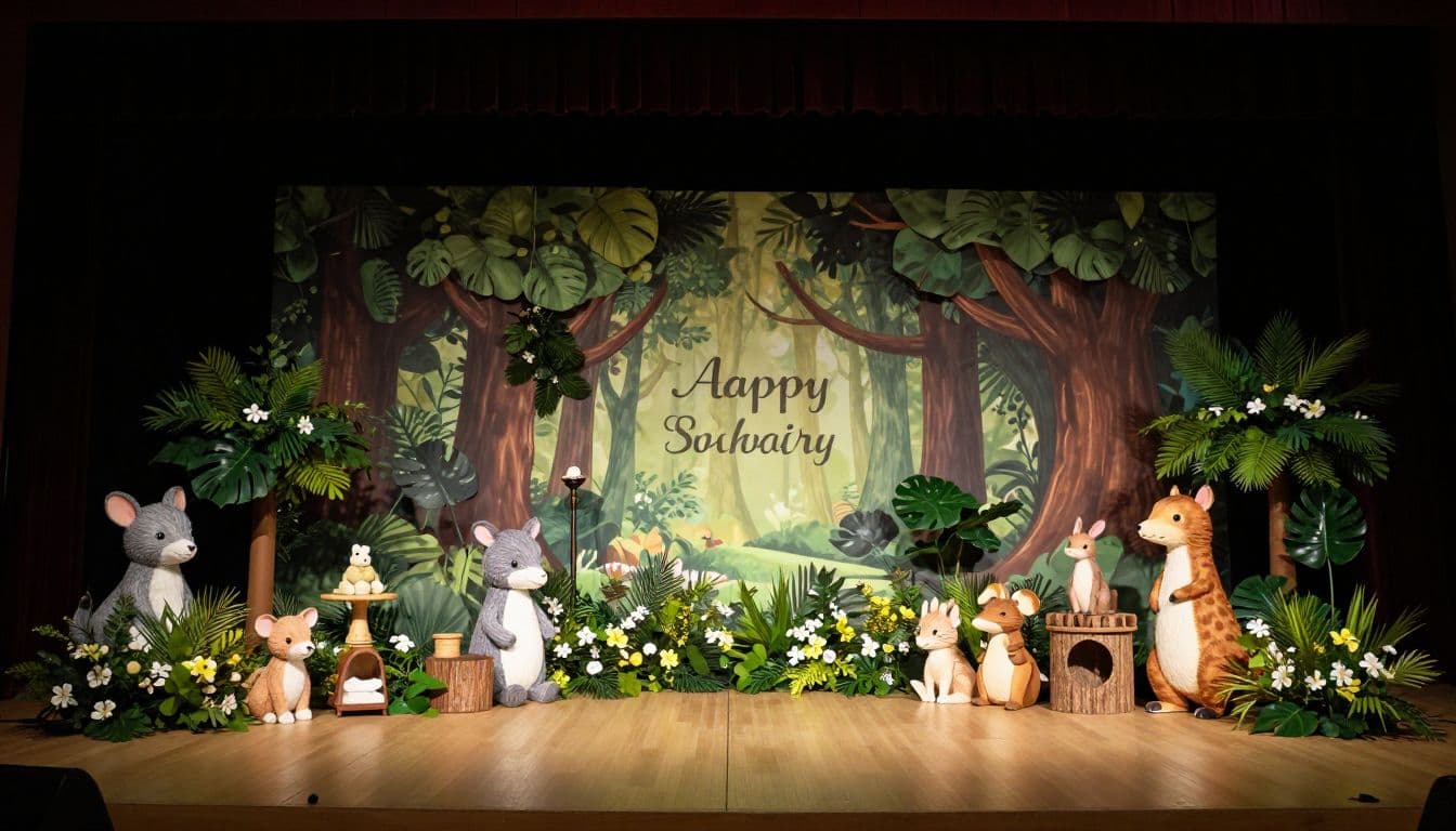 A rustic wooden platform decorated with mossy greenery, miniature ferns, and charming forest animal figurines. Soft cinematic lighting illuminates the storybook arrangement, creating gentle highlights against the dark woodland-themed display area.