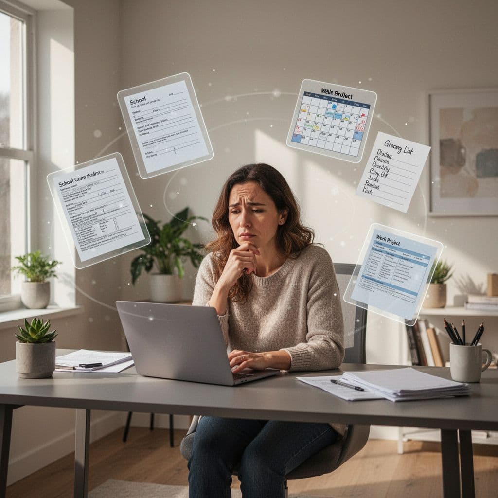 A tired woman sits at a desk surrounded by floating outlines representing her many home and work tasks.