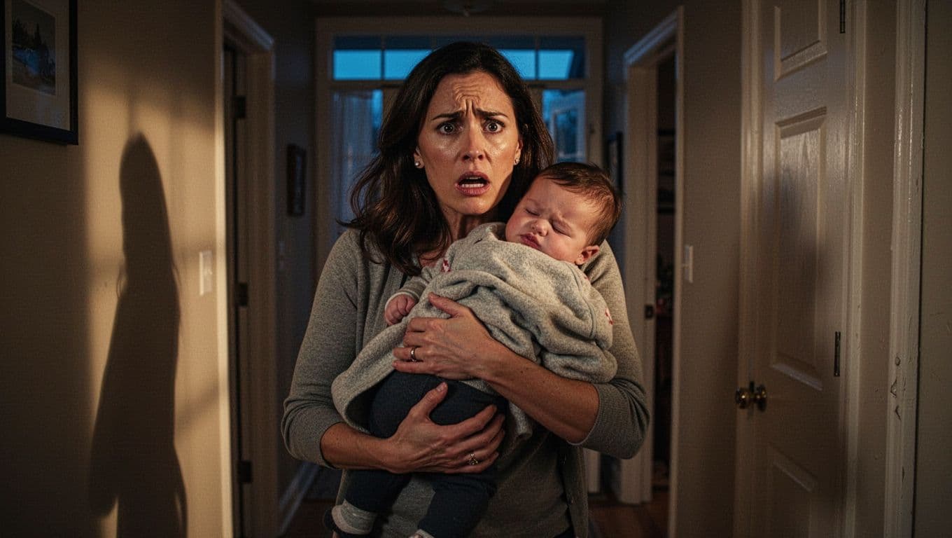 Worried mother carries limp sleepy baby over shoulder toward front door in evening hallway.