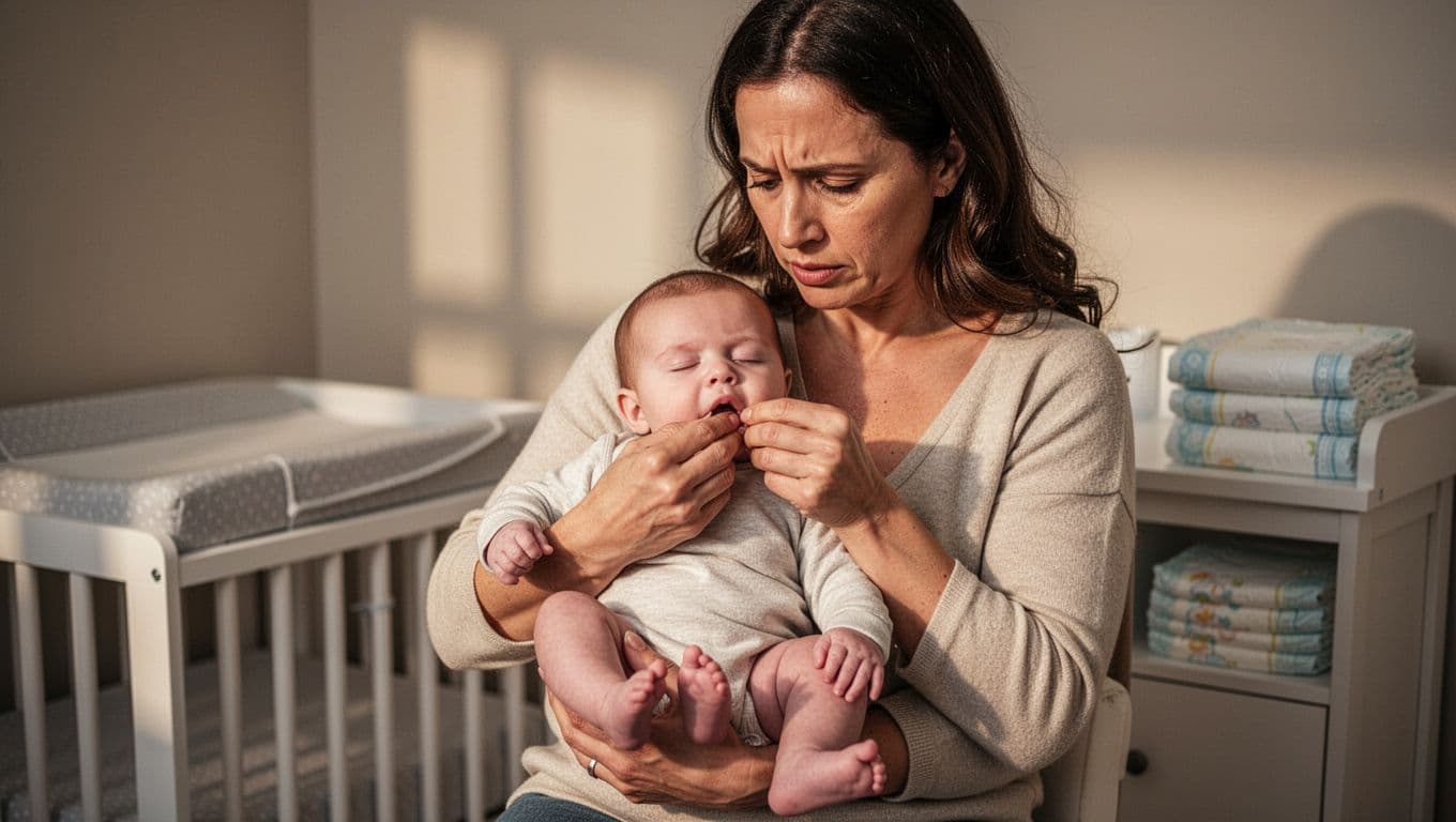 Worried mother holds fussy sleepy baby near changing table with dry diapers, lifting lip to check dry mouth.