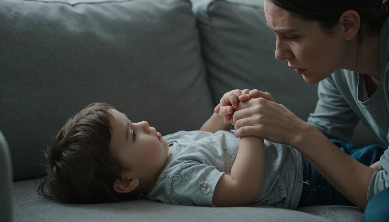 A worried parent sits on a couch gently holding the small hand of a reclining toddler. Dramatic, warm indoor lighting emphasizes the intimate and serious emotional connection between the two figures.