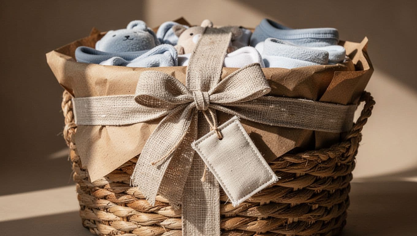 A woven basket holds baby essentials wrapped in brown kraft paper, secured with a textured linen ribbon. A small handwritten tag hangs from the side, illuminated by soft, cinematic light.