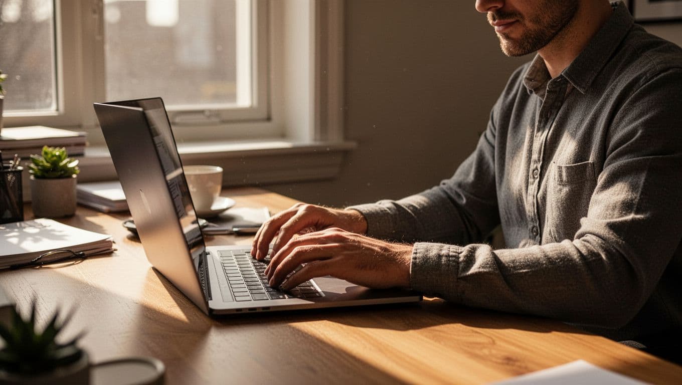 A close-up view of a professional focused on typing on a laptop, surrounded by warm, soft sunlight. The tidy workspace highlights a productive environment designed for drafting high-converting product descriptions.