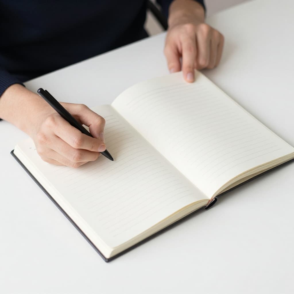 A person sits at a bright desk writing a structured content outline in a clean minimalist notebook.