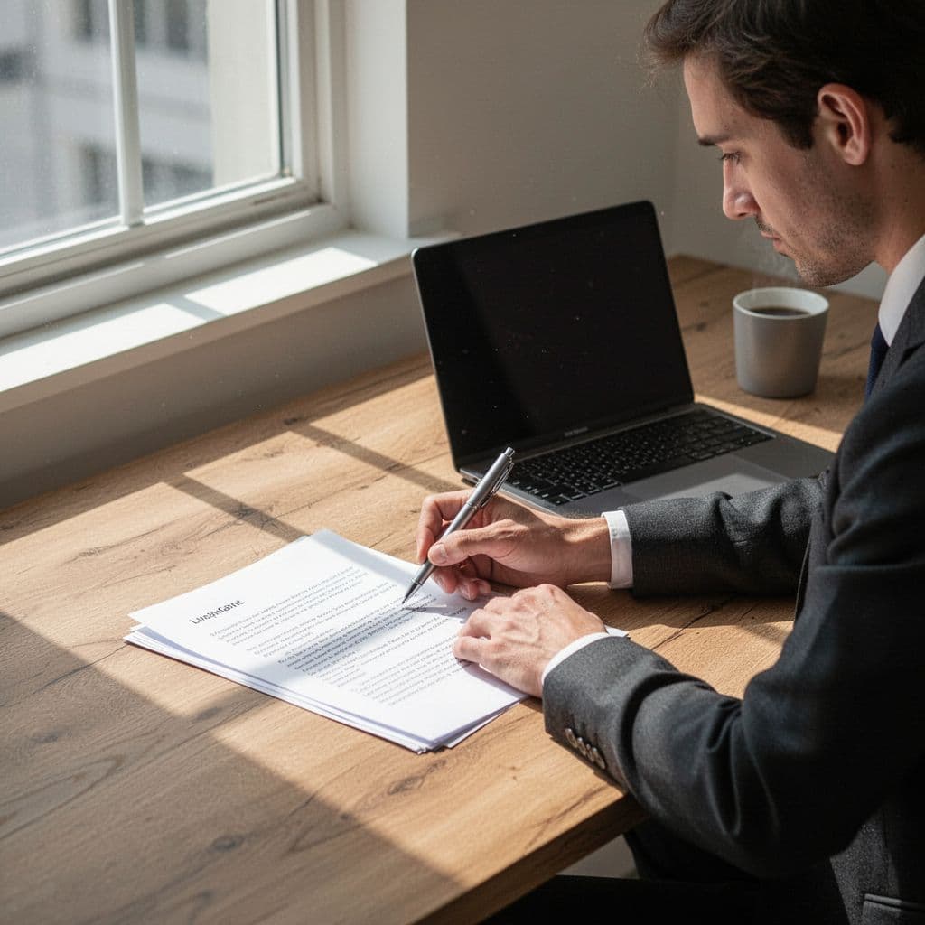 A focused person reviews a printed project outline and summary on a minimalist wooden desk.