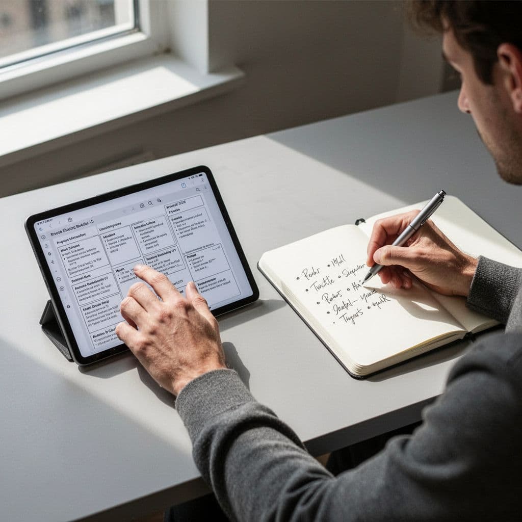 A split desk display features a rigid digital tablet brief alongside a creative handwritten notebook.