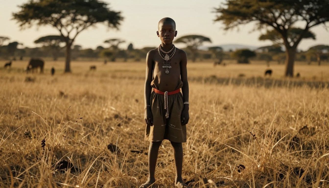 A young Xhosa boy stands confidently in a vast field, wearing ornate traditional clothing. Dramatic golden hour light illuminates his silhouette, emphasizing a sense of natural strength and regal poise.