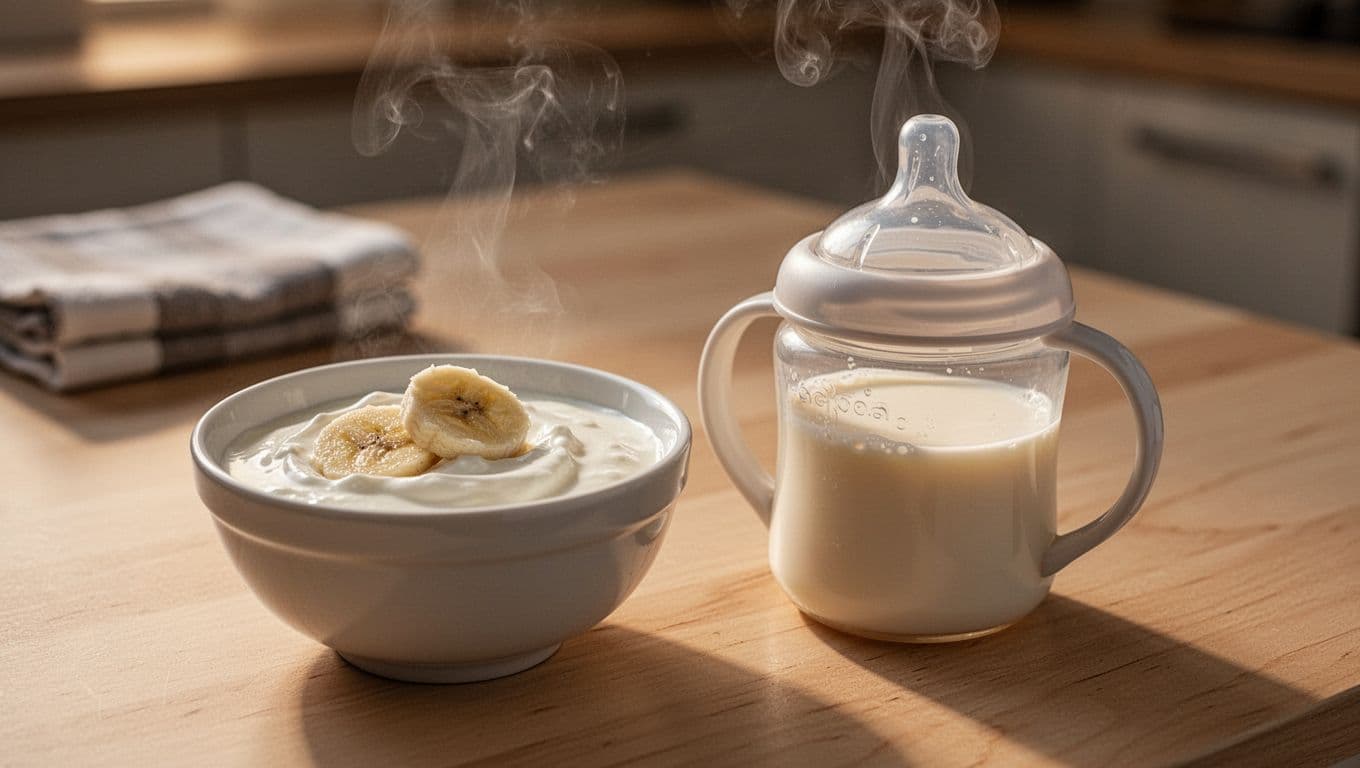 Small bowl of plain white yogurt topped with mashed banana on light wooden table beside baby sippy cup of warm milk with steam.