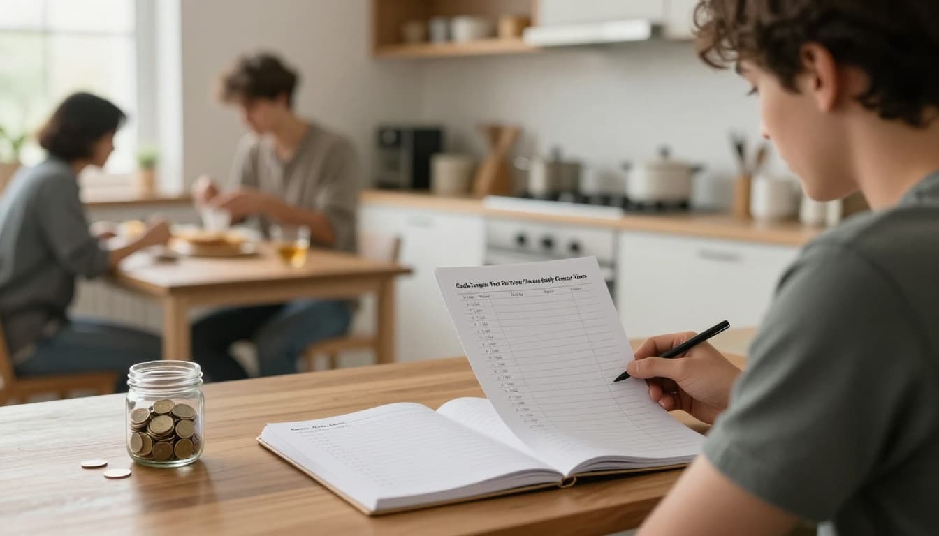 A young adult in early 20s with short hair, casual t-shirt and jeans, sits relaxed at a kitchen table in a modern shared apartment, notebook open to a simple budget list, half-full coin jar nearby, roommate blurred cooking in background, natural light, warm tones.