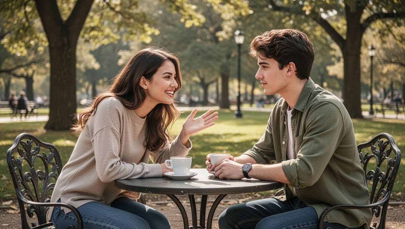 A young man and woman on a casual outdoor coffee date at a park table, with her leaning in smiling and using open body language to show interest, while he attentively notices her signals, captured in realistic photo style with natural daylight.