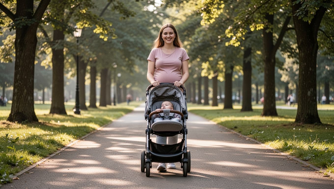 Young mother smiles relaxed while pushing stroller on sunny tree-lined park path.