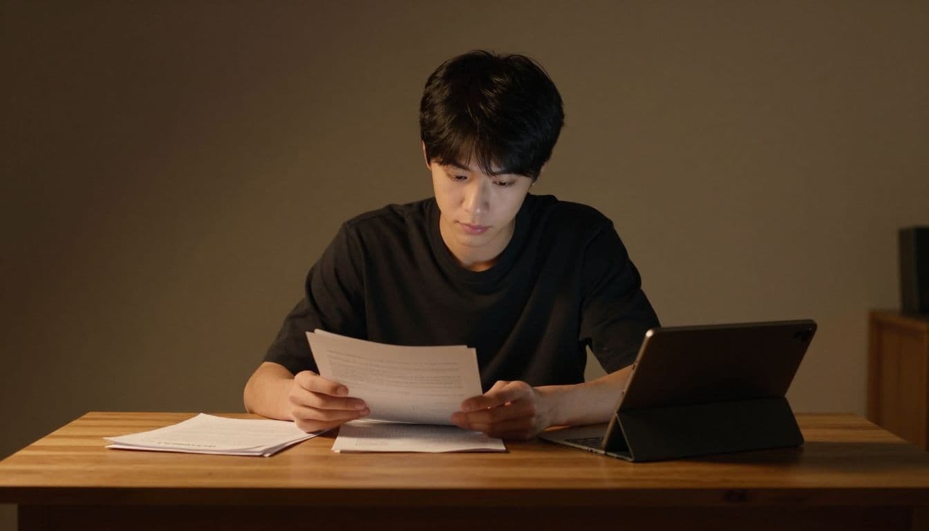 A focused young person sits at a rustic wooden desk, carefully reviewing scattered financial documents and a glowing digital tablet. Warm, directional lighting highlights their thoughtful expression during a quiet study session.