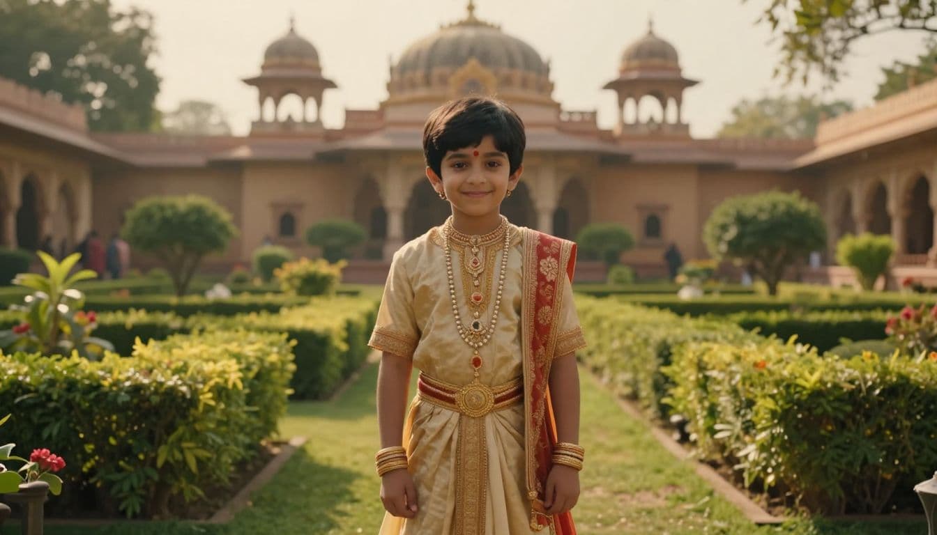 A young boy wearing ornate royal garments stands peacefully within a lush, sunlit garden. Ancient stone structures frame the background, while soft golden light illuminates his gentle smile and intricate clothing.