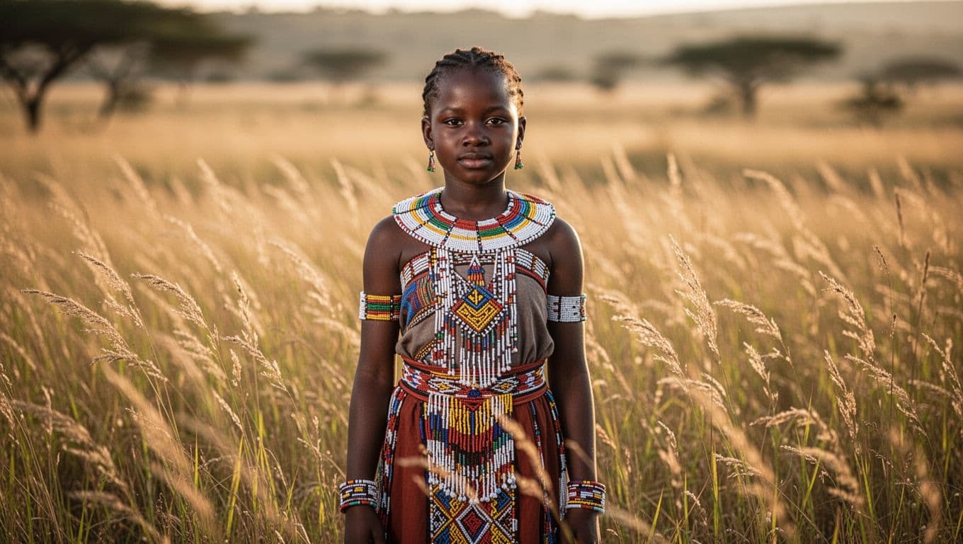 A young girl adorned in intricate traditional beadwork and colorful Zulu attire stands gracefully within a golden, sun-drenched meadow. Soft light highlights her elegant accessories and the surrounding wild grass blades.