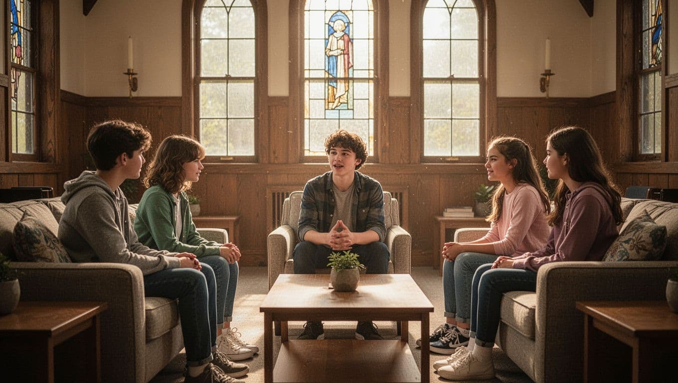 A charismatic leader sits in a sunlit lounge area, gesturing while talking to three attentive teenagers. The warm glow creates strong shadows across the comfortable sofa where the group gathers together.