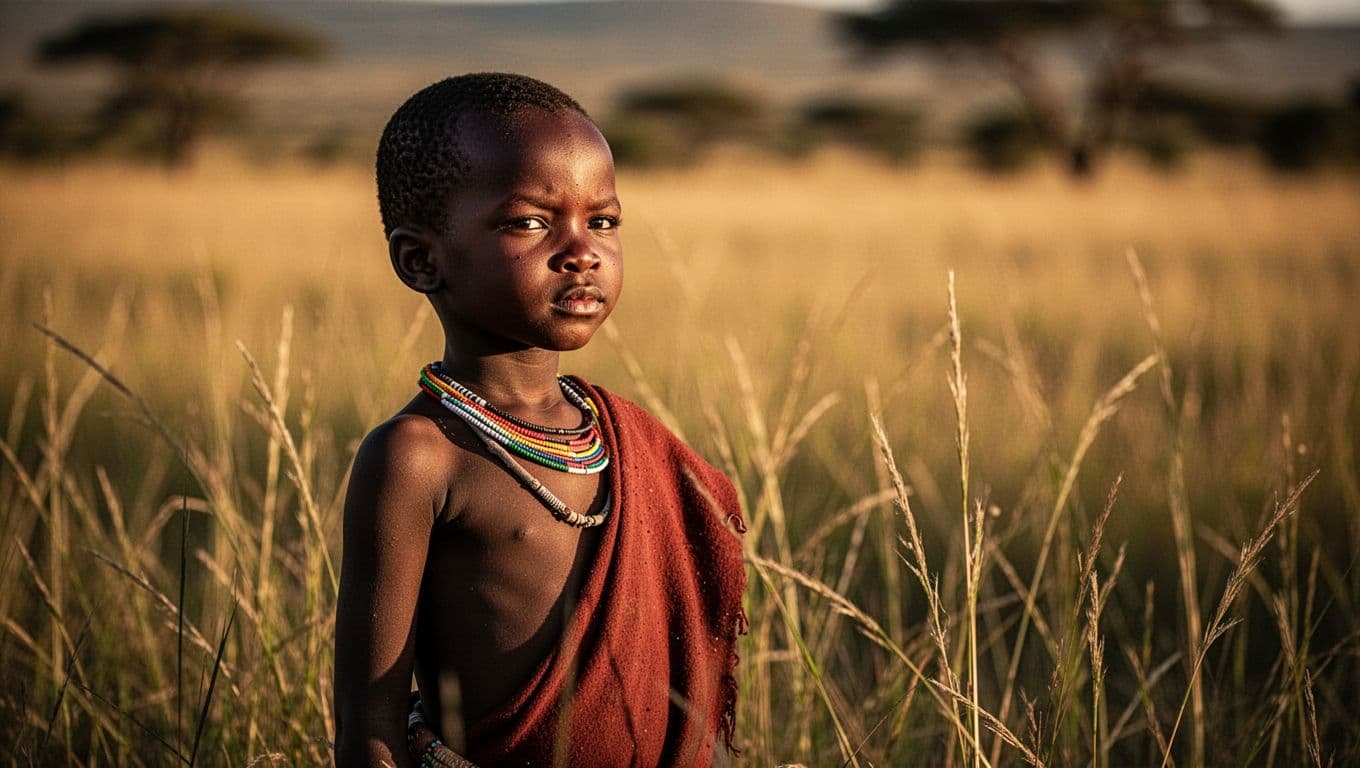 A young Zulu boy stands tall in a vast, sun-drenched field of tall grass. Dramatic golden side-lighting highlights his confident expression and the natural, warm textures of the surrounding environment.