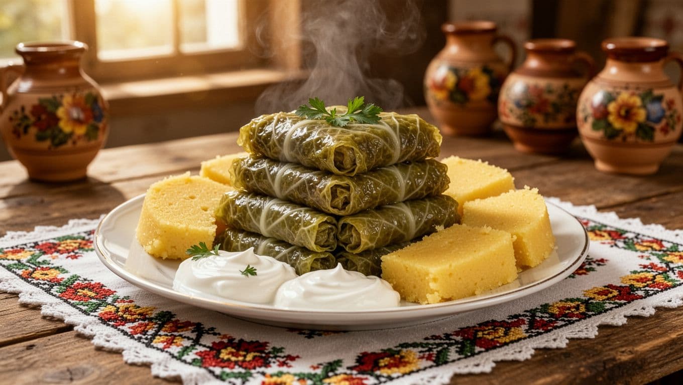 O farfurie clasică de sarmale cu mămăligă și smântână