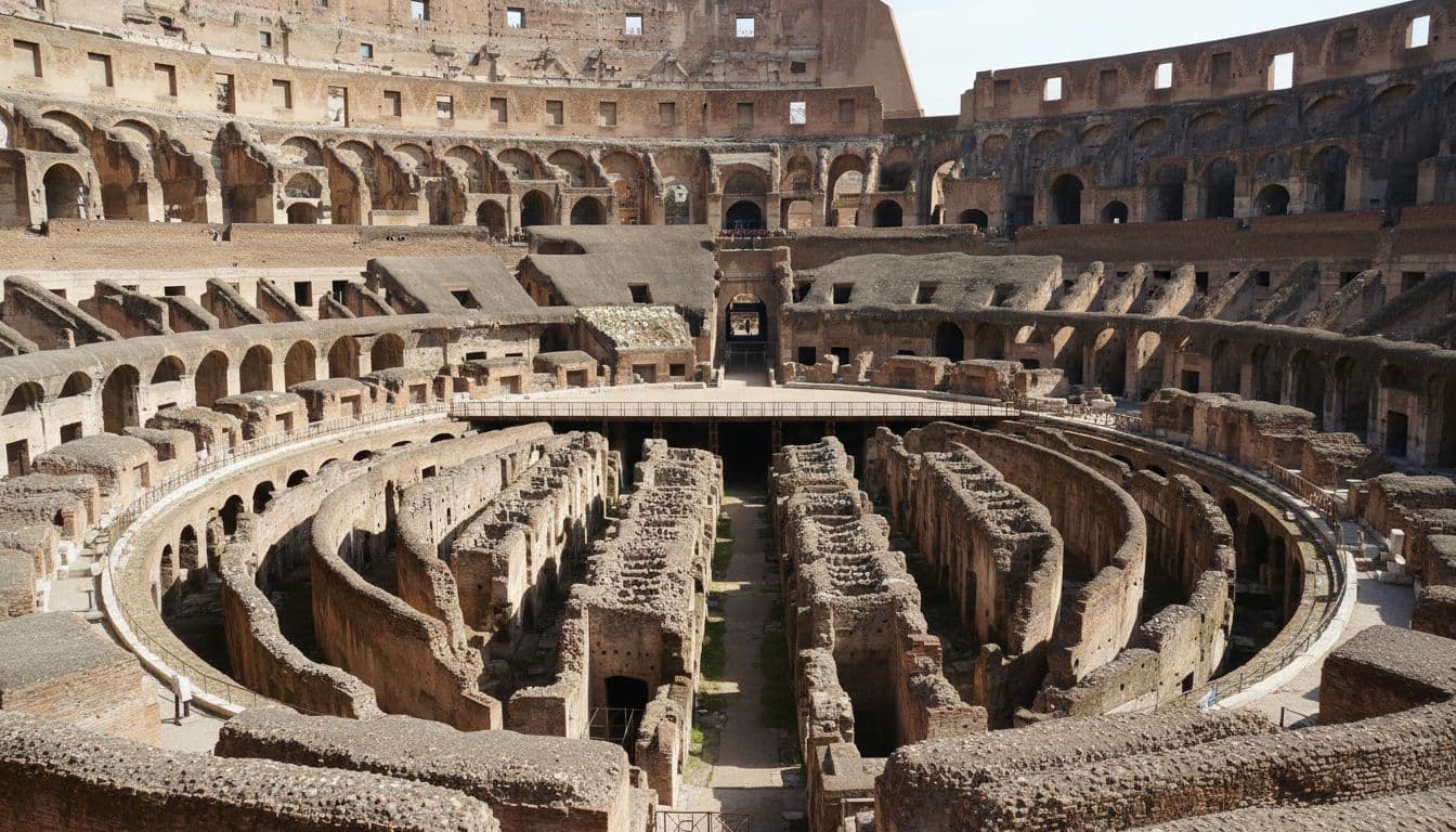 Close-up of exposed stone walls and subterranean tunnels inside the Colosseum.