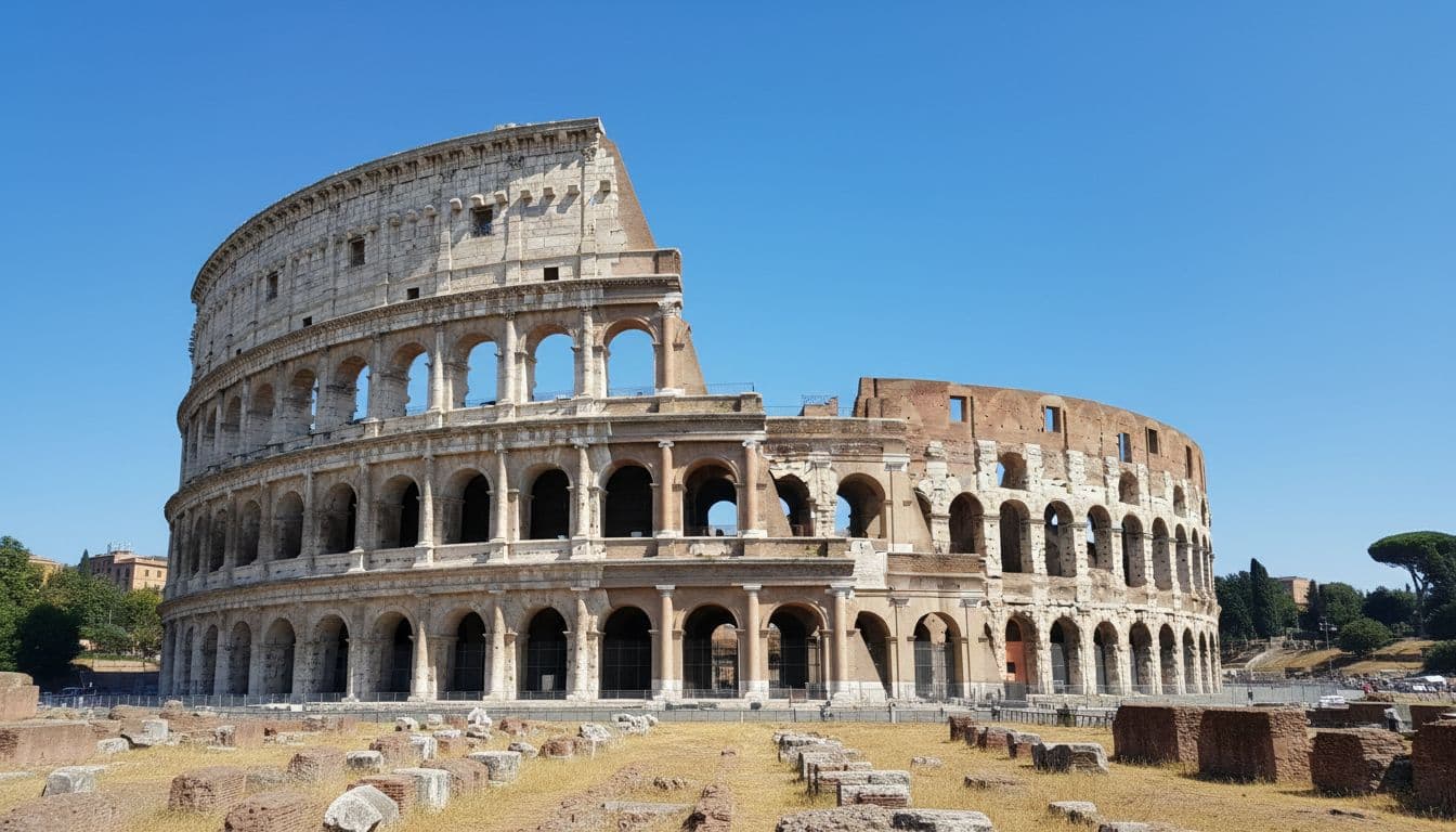 Wide shot of the Colosseum exterior showing tiers of stone arches against a blue sky on a bright day.