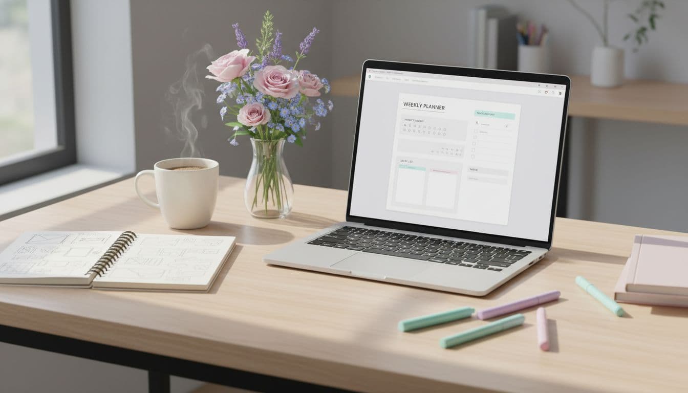 A cozy modern home office desk in soft pastel colors with a laptop displaying Canva interface for designing a minimalist printable planner, surrounded by notebook sketches, coffee mug, flowers, and pens under natural light.