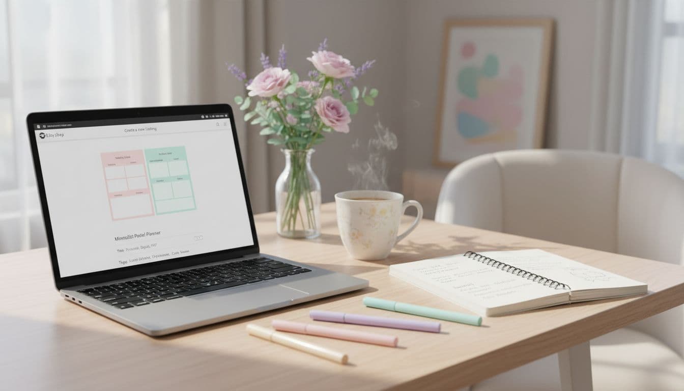 A modern home office desk in soft pastel colors displays an Etsy listing creation interface on a laptop with a minimalist planner mockup, alongside notebook sketches, pens, coffee, flowers, and natural light.