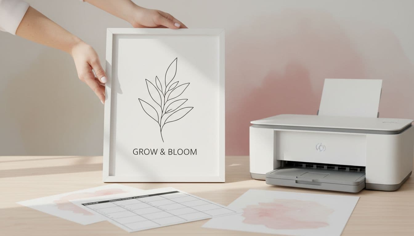 Close-up of a woman's hands holding a freshly printed clean minimalist wall art printable framed simply next to a home printer on a wooden desk with soft pastel pink and cream tones, scattered printouts, natural light, and cozy modern aesthetic.