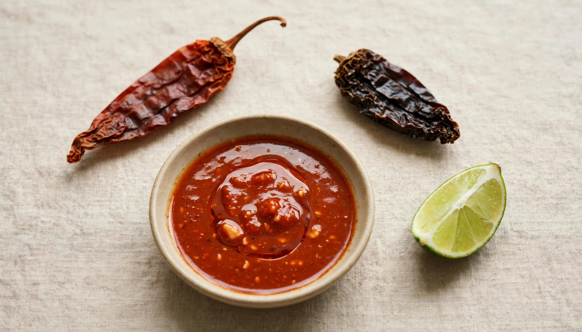 A bowl of red marinade, two dried chiles, and a lime wedge on a kitchen counter.