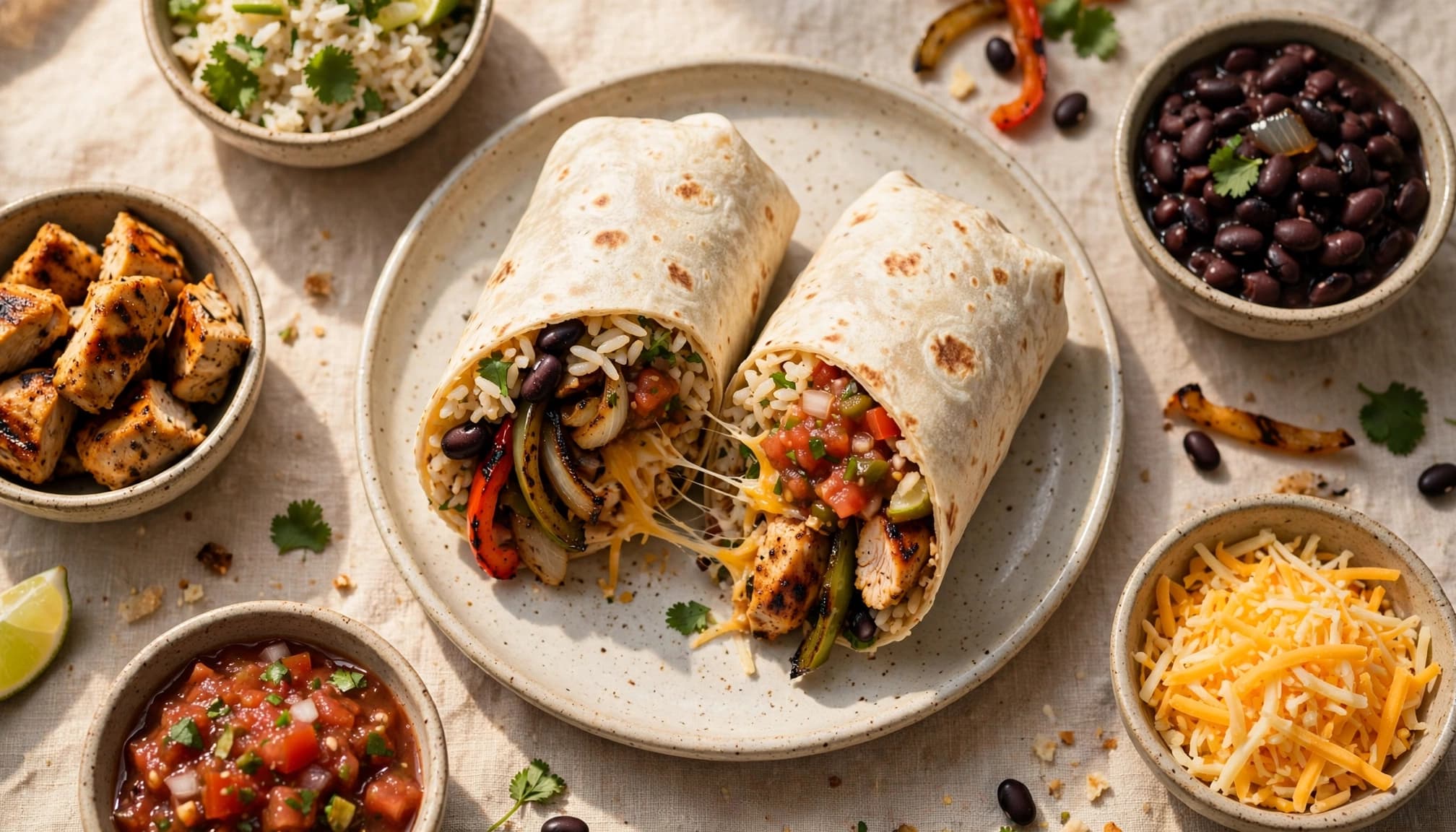 A cut burrito on a plate surrounded by small bowls of ingredients.