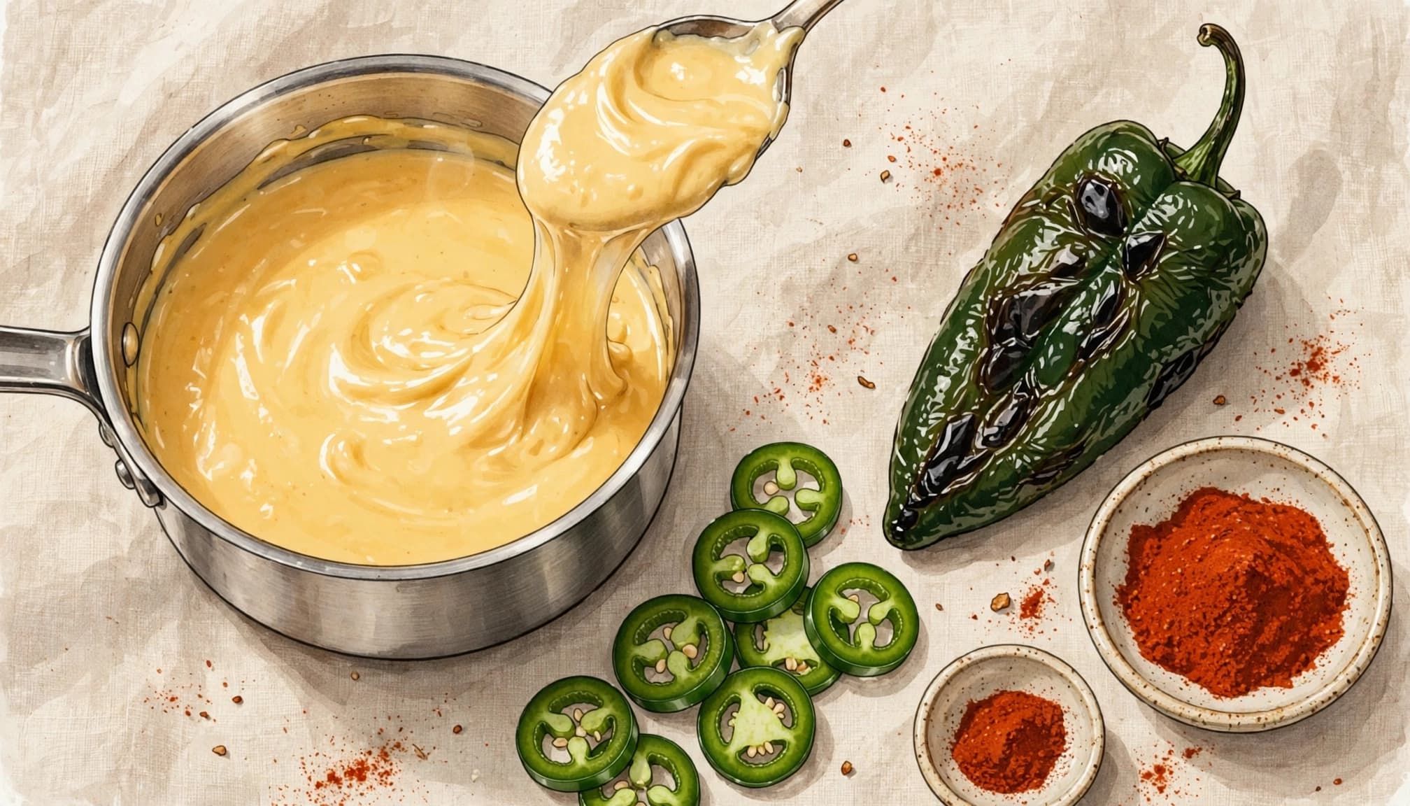 A saucepan of warm queso with a spoon lifting a ribbon, a roasted poblano, jalapeño rings, and bowls of paprika.
