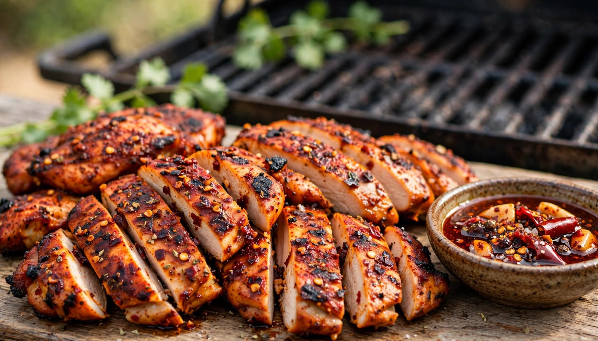 Sliced grilled chicken thighs on a board with marinade and a grill in the background.