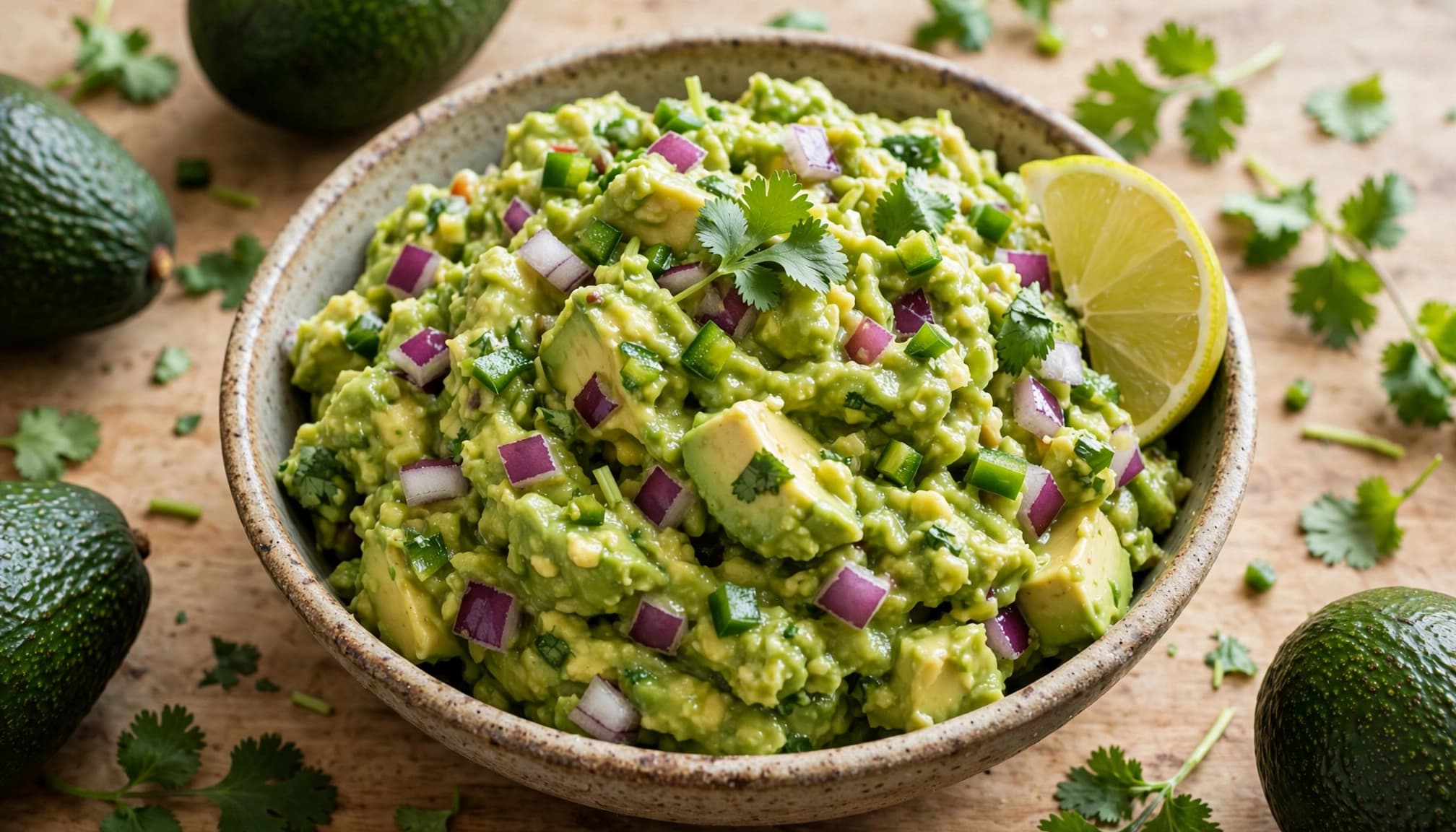 A rustic bowl of chunky guacamole topped with red onion, jalapeño, and cilantro, with a lime wedge.