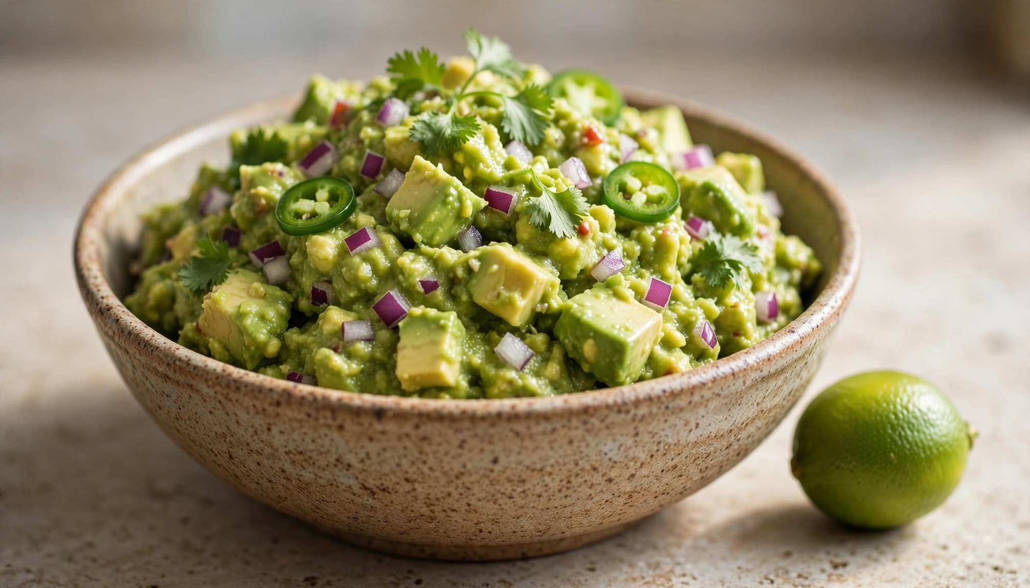 A rustic bowl of chunky guacamole topped with diced red onion, cilantro, and jalapeño slices, with a lime nearby.