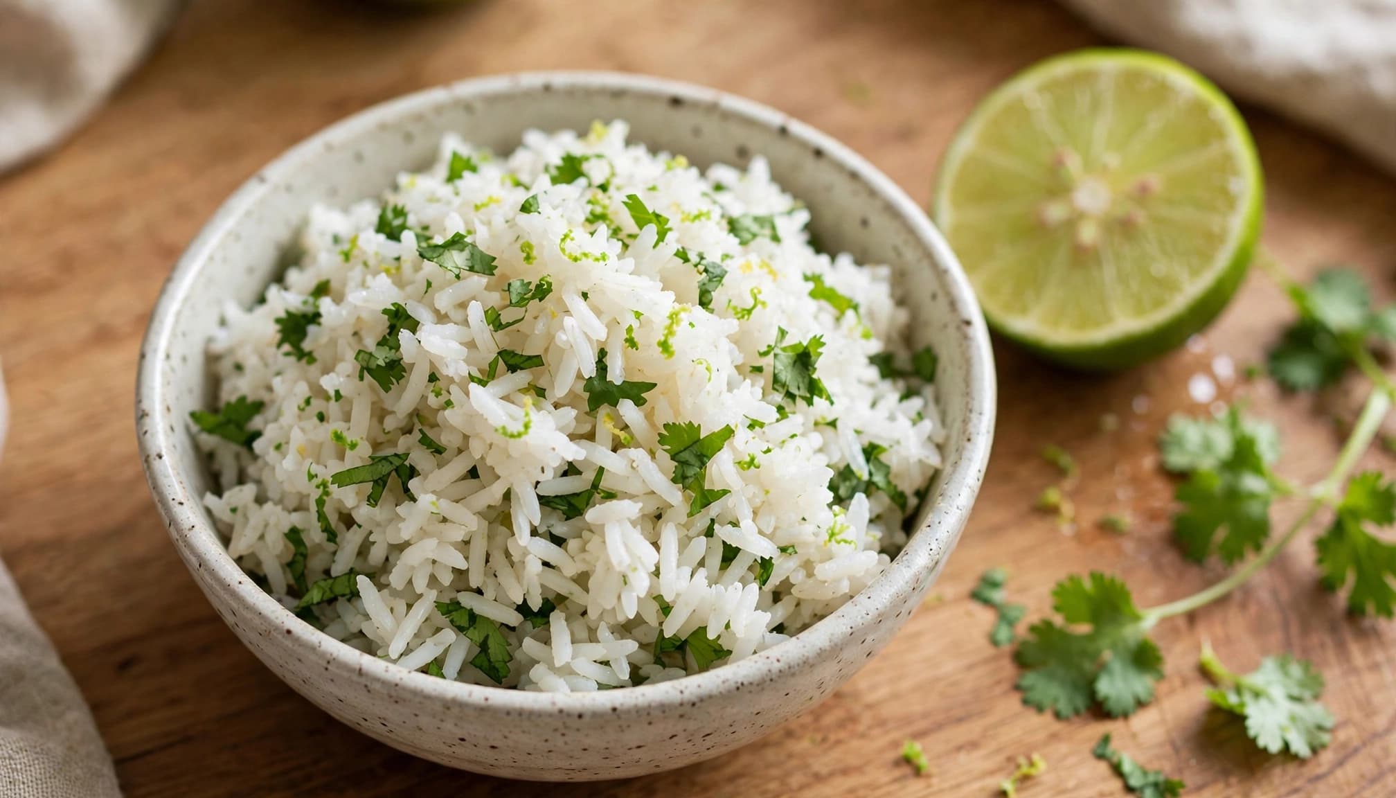 A ceramic bowl of cilantro lime rice with a halved lime and cilantro sprigs on a wooden table.