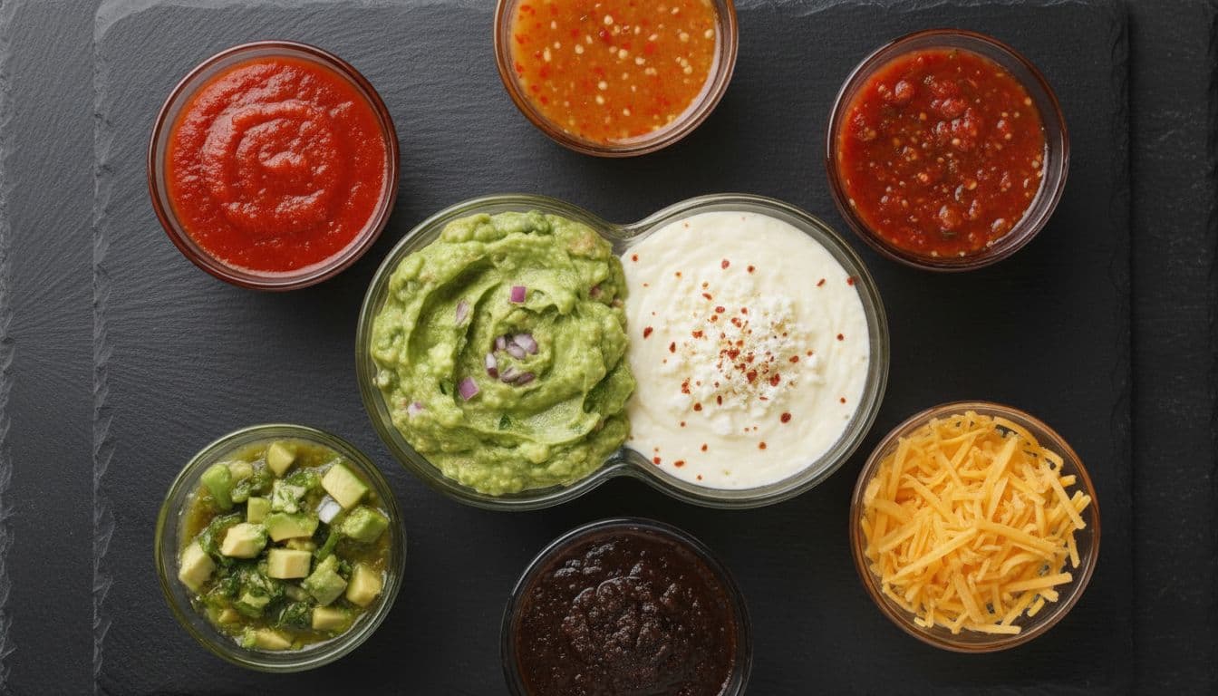 Top-down view of small glass bowls with colorful salsas, guacamole, shredded cheese, and creamy white sauce on dark stone.