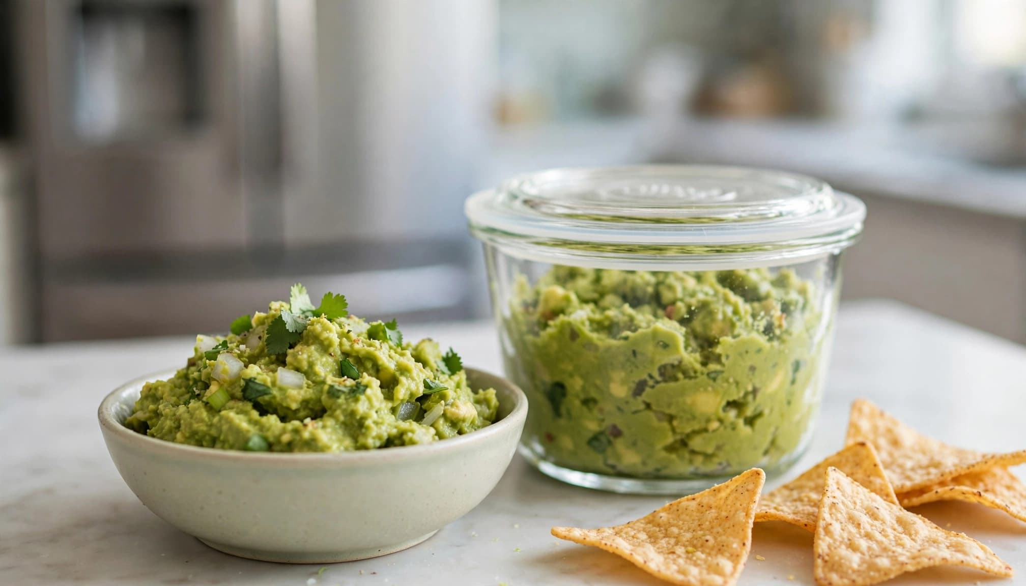 A bowl of guacamole next to a sealed glass container filled with guacamole and some tortilla chips.