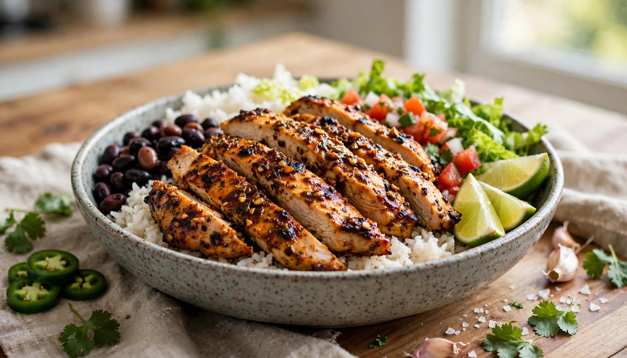 A ceramic bowl filled with sliced grilled chicken, rice, black beans, lettuce, pico de gallo, and lime wedges.