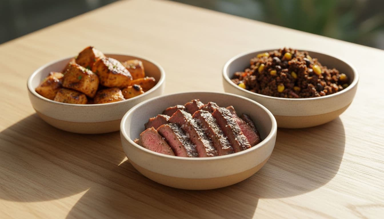 Three bowls on wooden table hold grilled chicken, steak slices, and plant-based protein crumble.