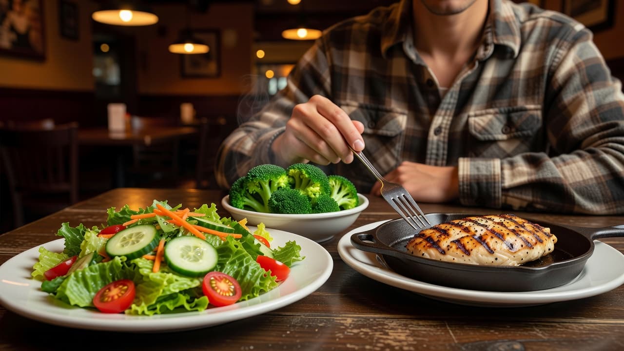 A ceramic plate features a crisp green side salad, steamed broccoli florets, and a portion of grilled protein. The fork rests carefully on the table surface next to the main dish.