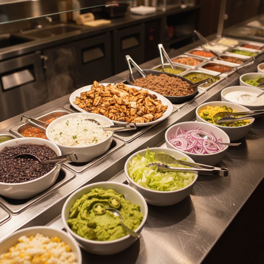 Your 2025 Qdoba Menu Nutrition Guide - Bowls of beans, rice, grilled chicken, salsas, and fresh vegetables on a service counter.