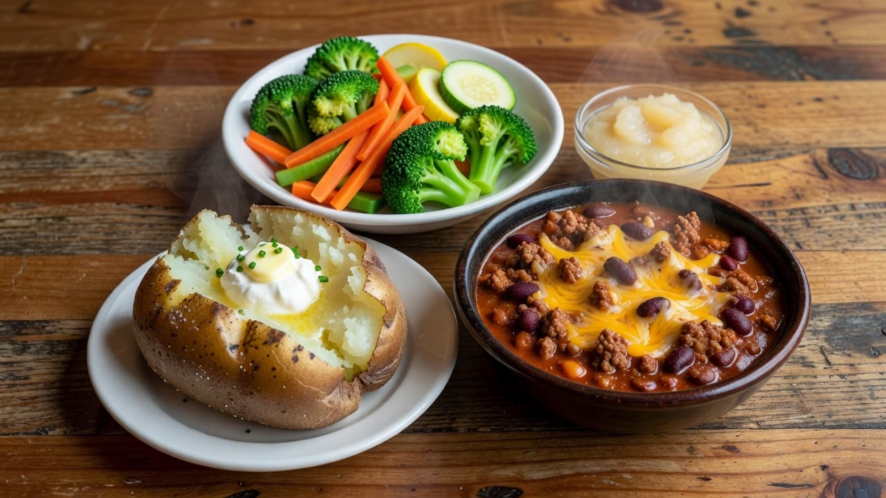 A top-down view displays a rustic wooden table featuring a baked potato, steamed fresh vegetables, a hearty bowl of chili, and a small side of applesauce under soft natural restaurant light.