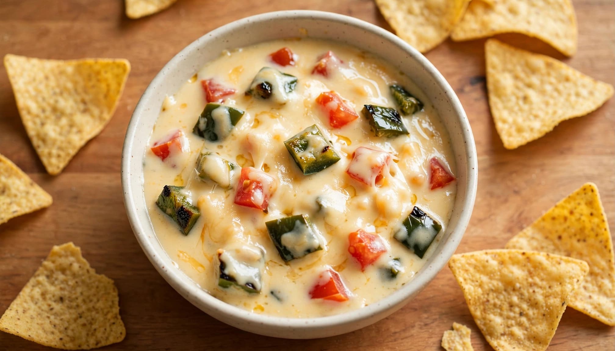 A small bowl of creamy queso with roasted peppers and tomatoes, surrounded by tortilla chips.