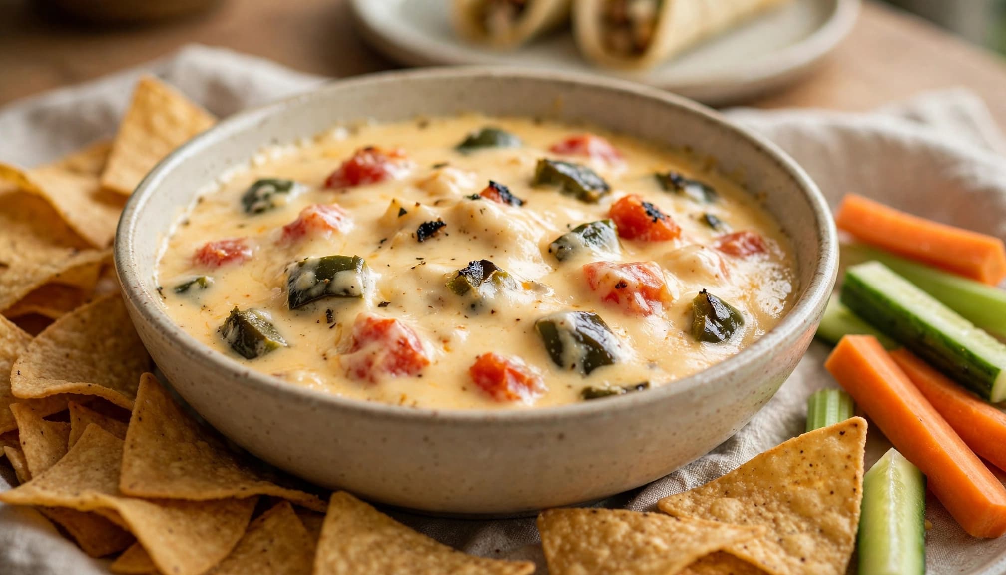 A bowl of warm cheese dip with tomatoes and peppers, served with tortilla chips and vegetable sticks.