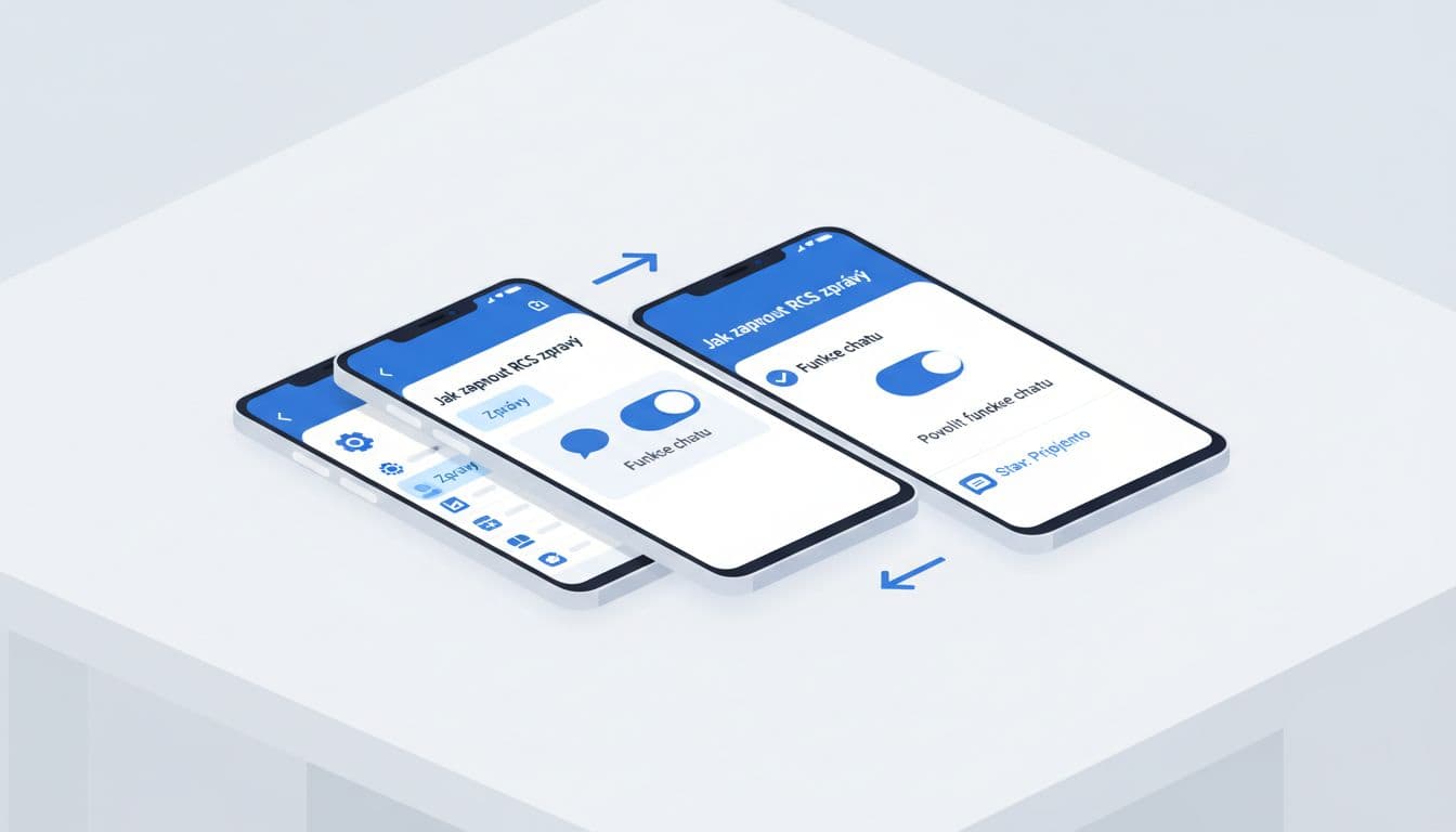 Modern illustration of step-by-step Android phone settings menu for enabling RCS in Google Messages app, featuring a single smartphone on a table with clean shapes, blues and whites, and simple icons.