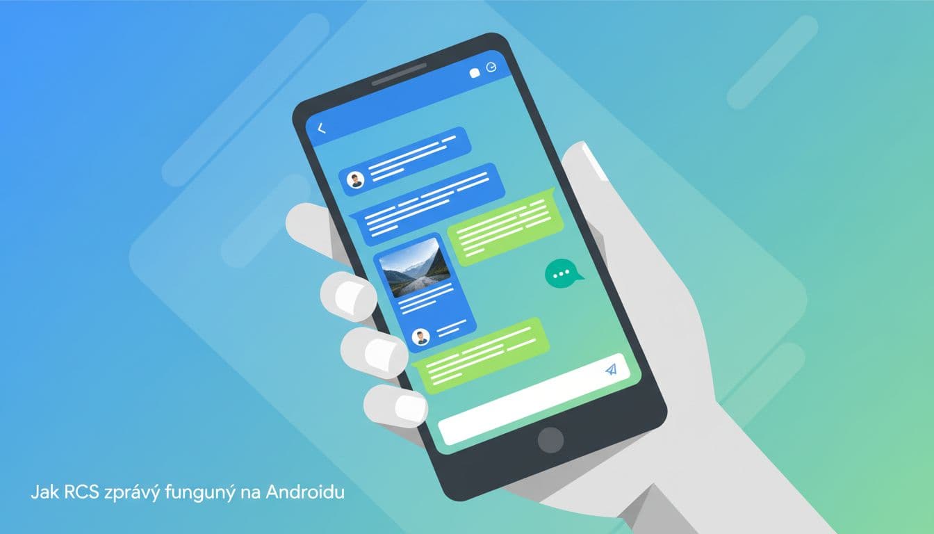 Modern illustration of a hand holding an Android smartphone displaying RCS chat features like high-quality images and typing indicators in blue and green tones.
