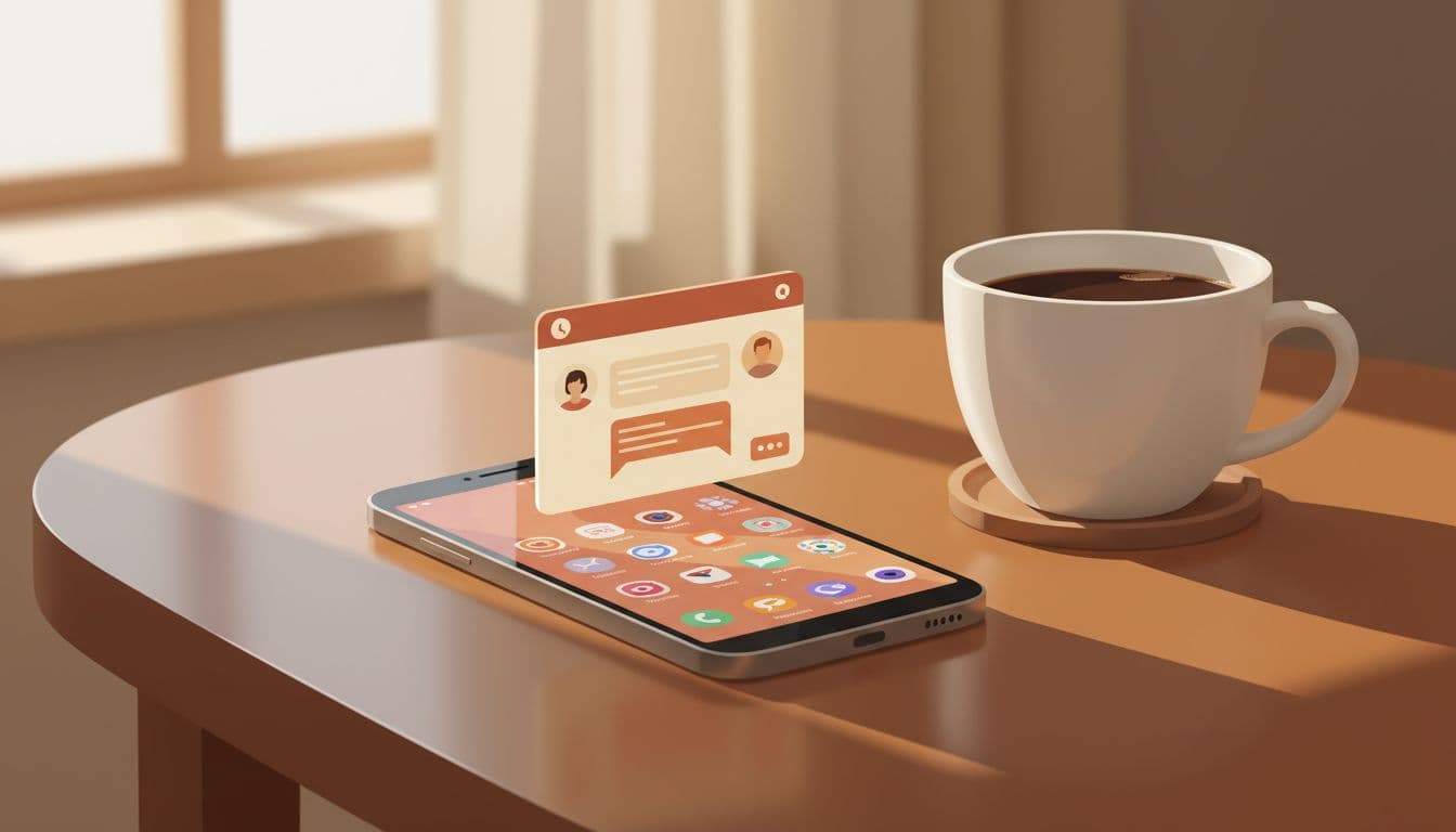 Samsung Android phone on a wooden table with coffee nearby, featuring a floating chat app window over the home screen in a cozy setting. Modern illustration with clean shapes, warm tones, natural lighting, centered on the floating window.